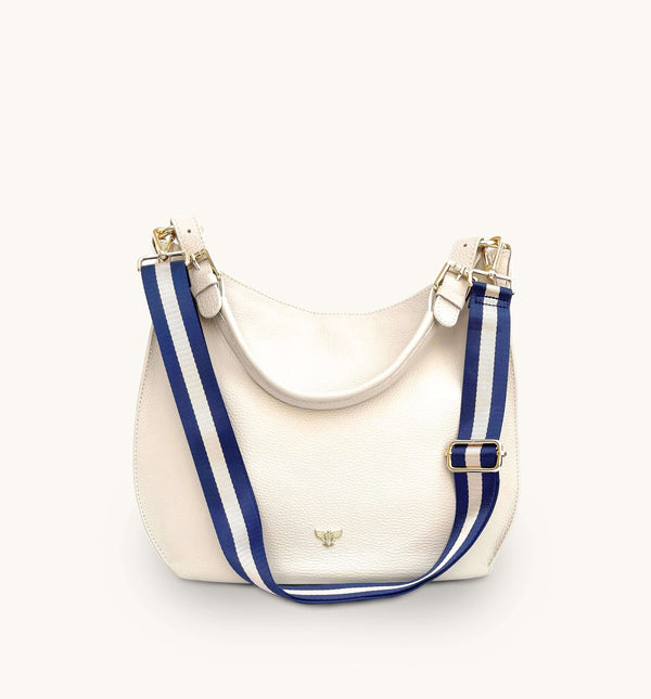 Apatchy The Harriet Stone Leather Bag With Navy & Gold Stripe Strap