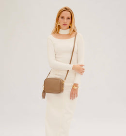Latte Leather Crossbody Bag With Gold Chain Strap