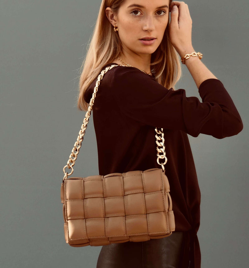 Latte Padded Woven Leather Crossbody Bag With Gold Chain Strap