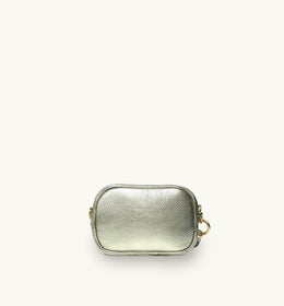 The Mini Tassel Gold Leather Phone Bag With Pale Pink Leopard Strap