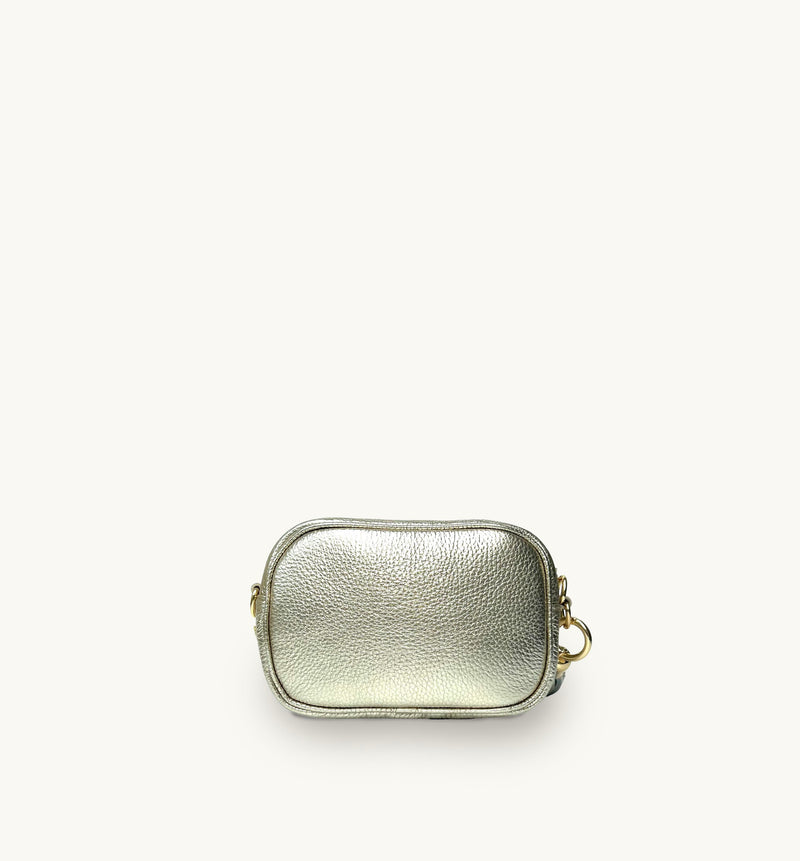 The Mini Tassel Gold Leather Phone Bag With Black & Gold Chevron Strap