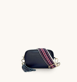 Apatchy Mini Navy Leather Phone Bag With Navy Boho Strap