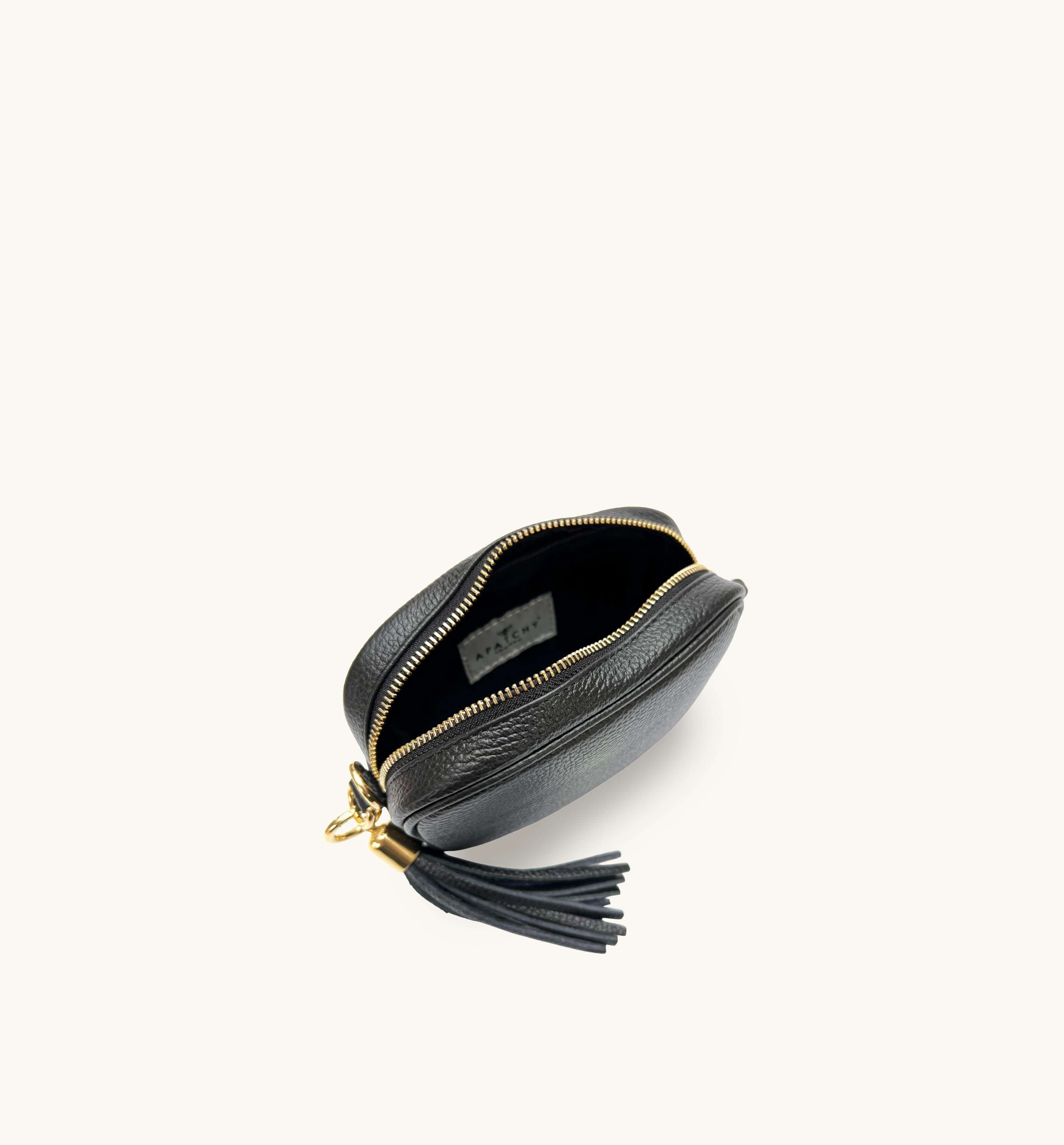 The Mini Tassel Black Leather Phone Bag With Gold Chain Crossbody Strap