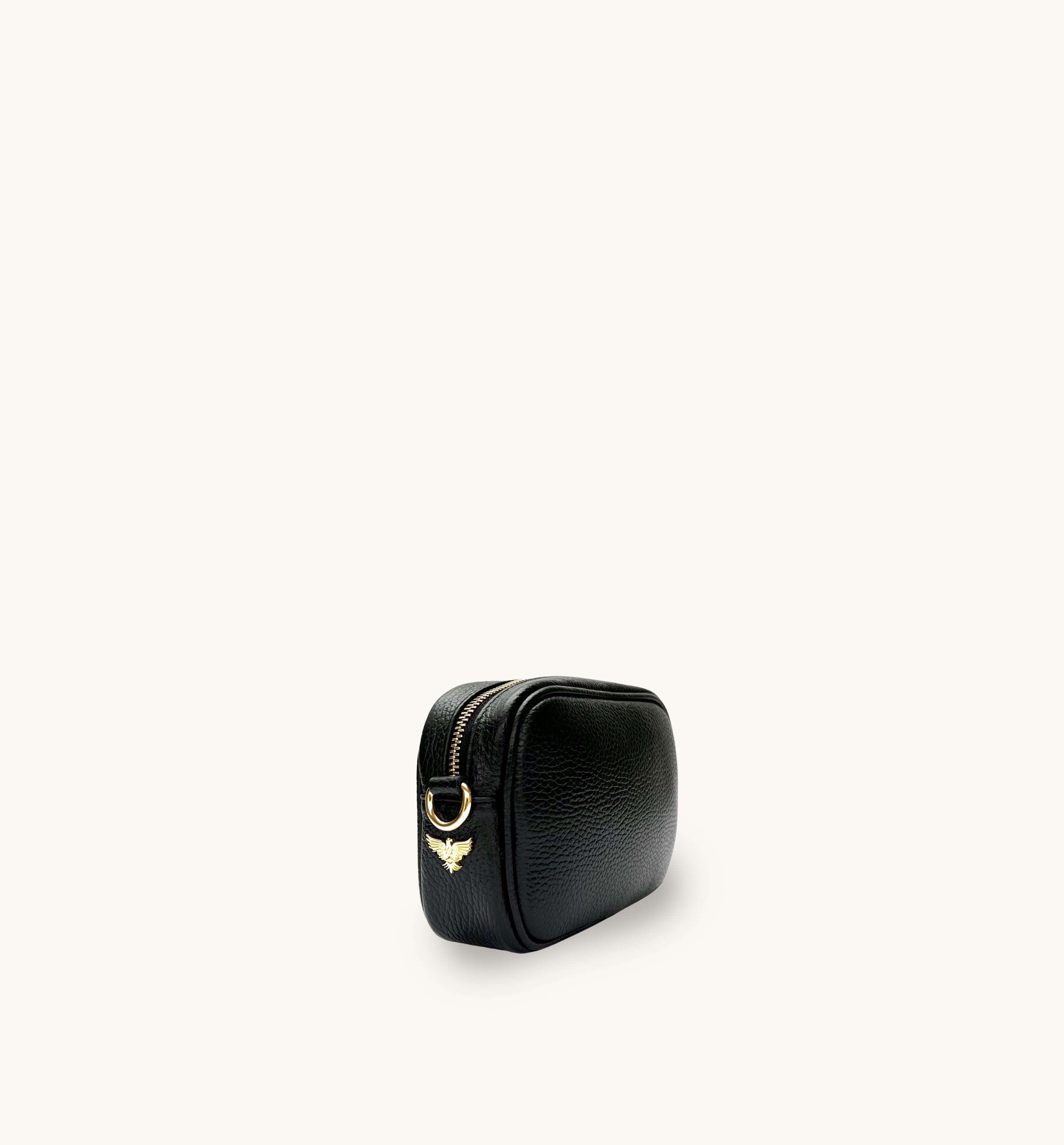 The Mini Tassel Black Leather Phone Bag With Black & Stone Arrow Strap