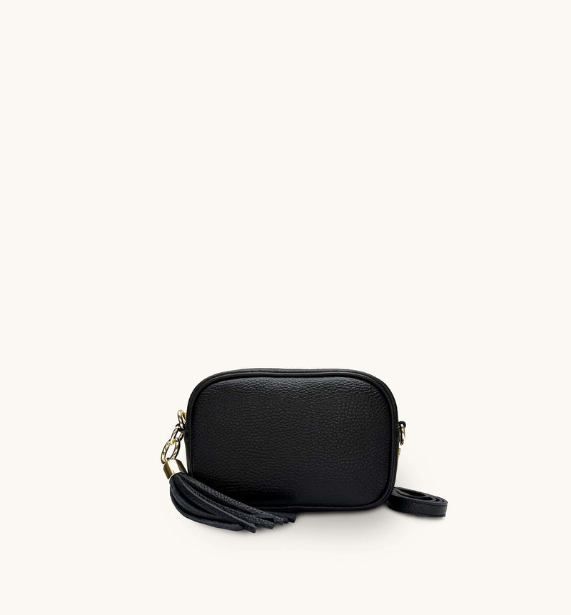 The Mini Tassel Black Leather Phone Bag With Black & Stone Maze Strap