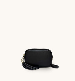 The Mini Tassel Black Leather Phone Bag With Grey Leopard Strap