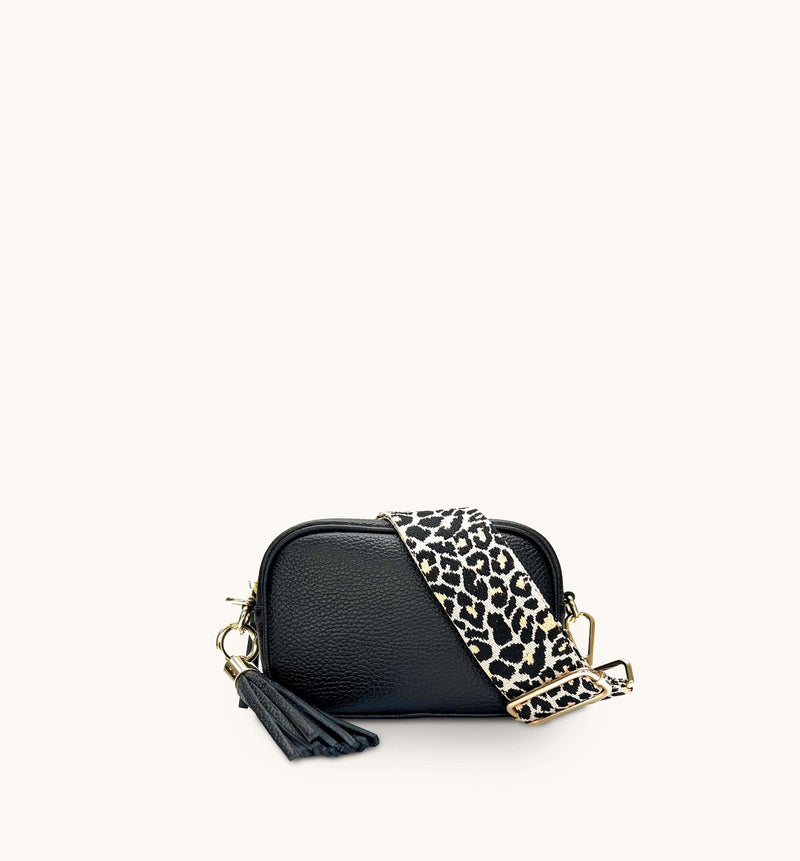 Apatchy Mini Black Leather Phone Bag With Apricot Cheetah Strap