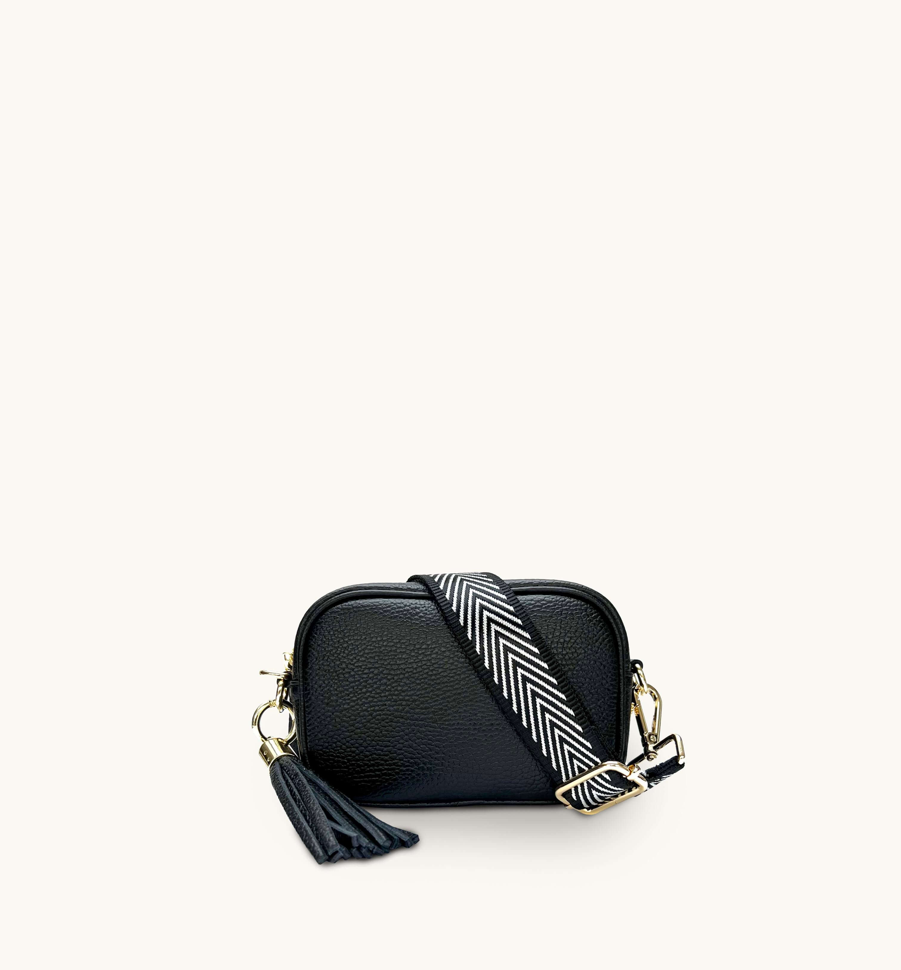 Apatchy Mini Black Leather Phone Bag With Black & Silver Chevron Strap