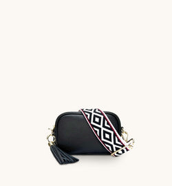 The Mini Tassel Black Leather Phone Bag With Black & Red Aztec Strap