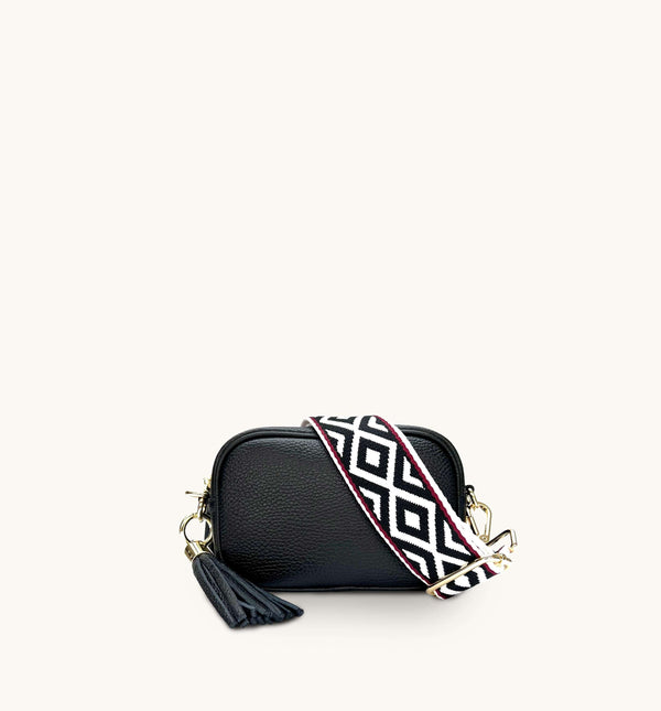 Apatchy Mini Black Leather Phone Bag With Black & Red Aztec Strap
