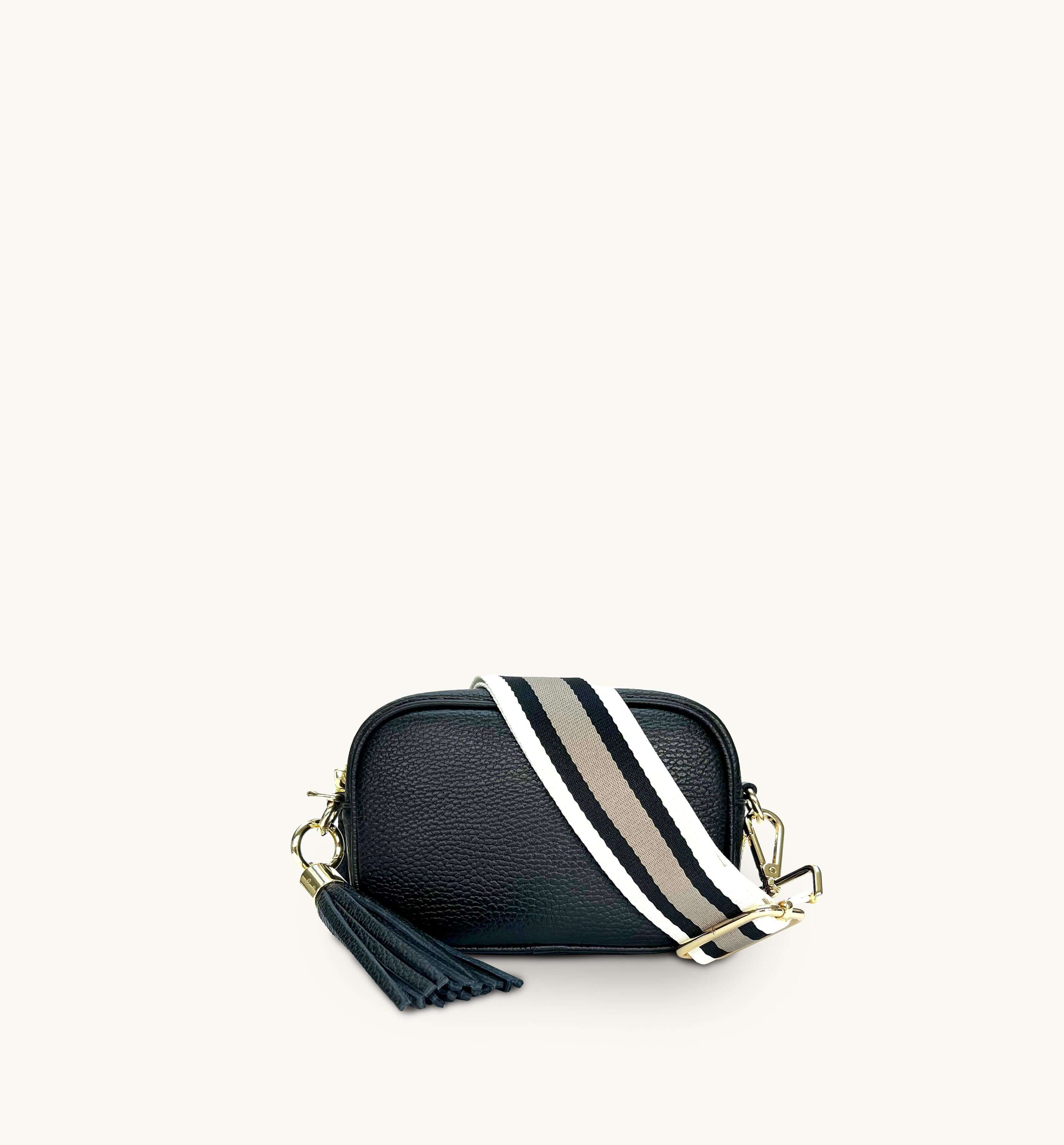 Apatchy Mini Black Leather Phone Bag With Latte Stripe Strap
