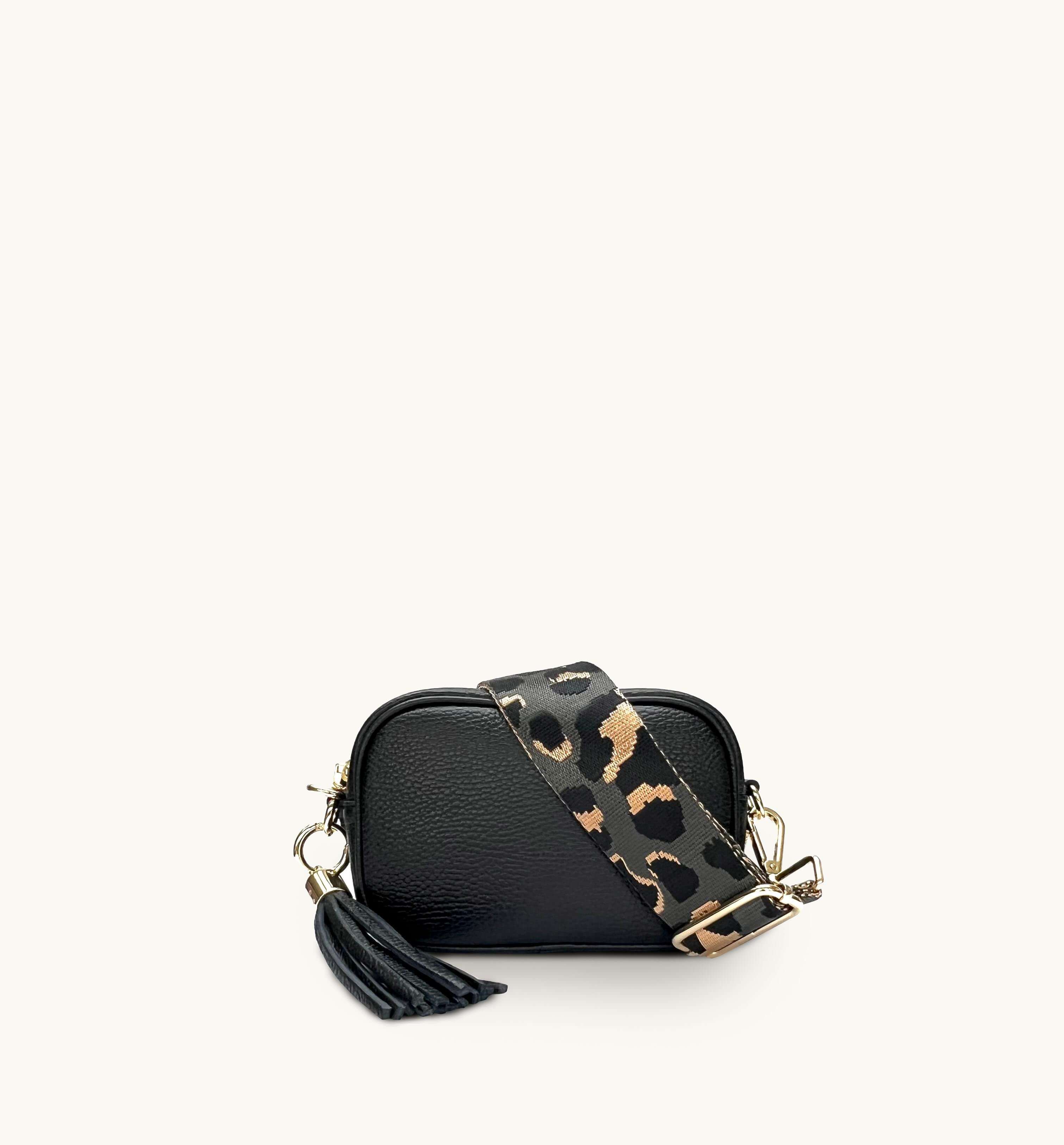 Apatchy Mini Black Leather Phone Bag With Grey Leopard Strap