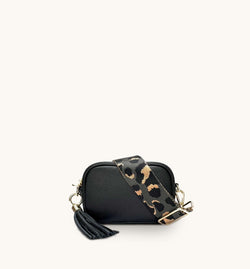 The Mini Tassel Black Leather Phone Bag With Grey Leopard Strap