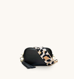 The Mini Tassel Black Leather Phone Bag With Pale Pink Leopard Strap