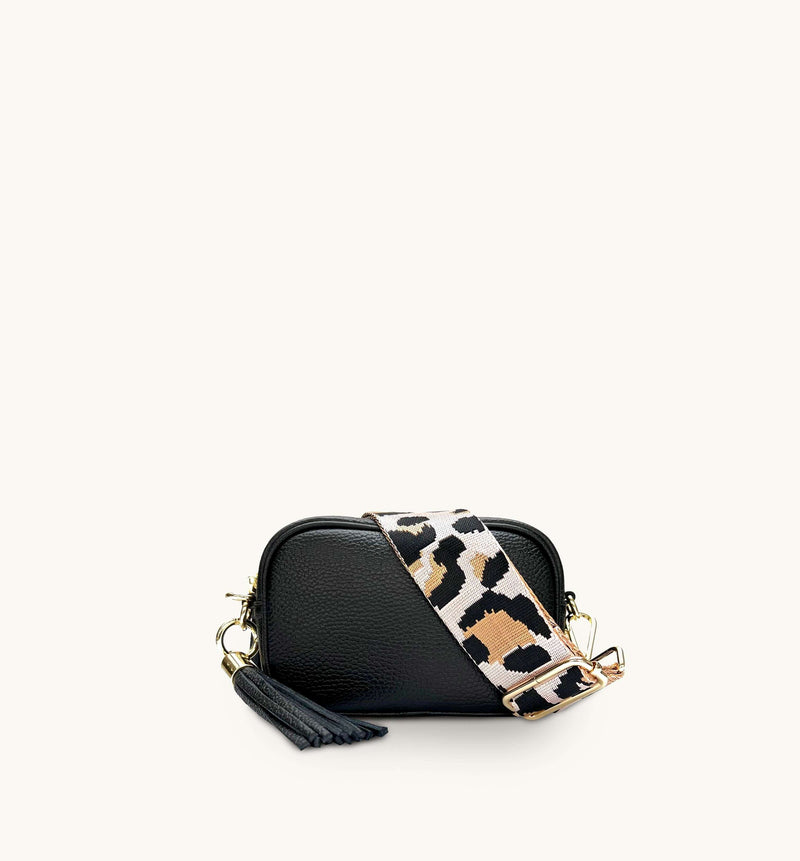 Apatchy Mini Black Leather Phone Bag With Pale Pink Leopard Strap