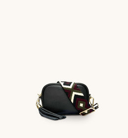Apatchy Mini Black Leather Phone Bag With Port & Olive Diamond Strap