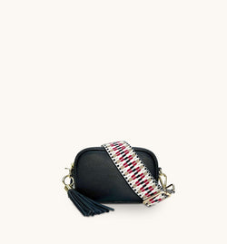 The Mini Tassel Black Leather Phone Bag With Red & Black ZigZag Strap