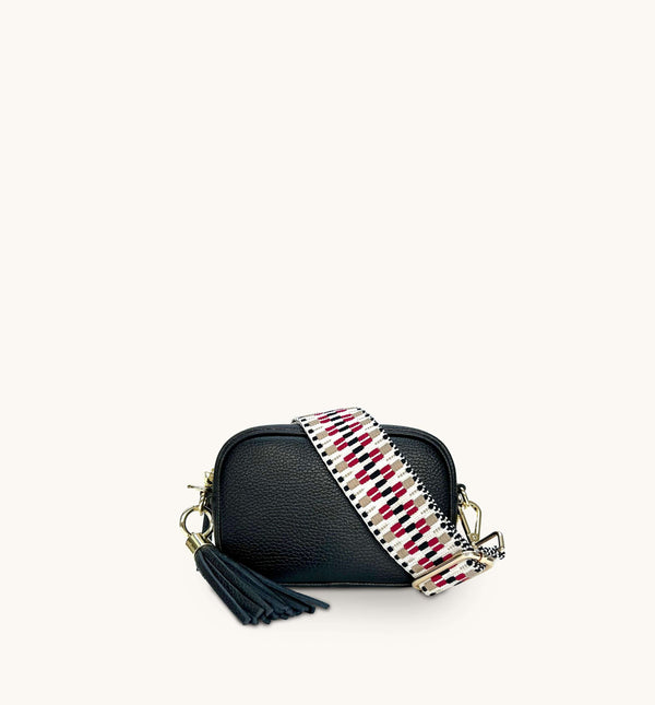 Apatchy Mini Black Leather Phone Bag With Red & Black ZigZag Strap