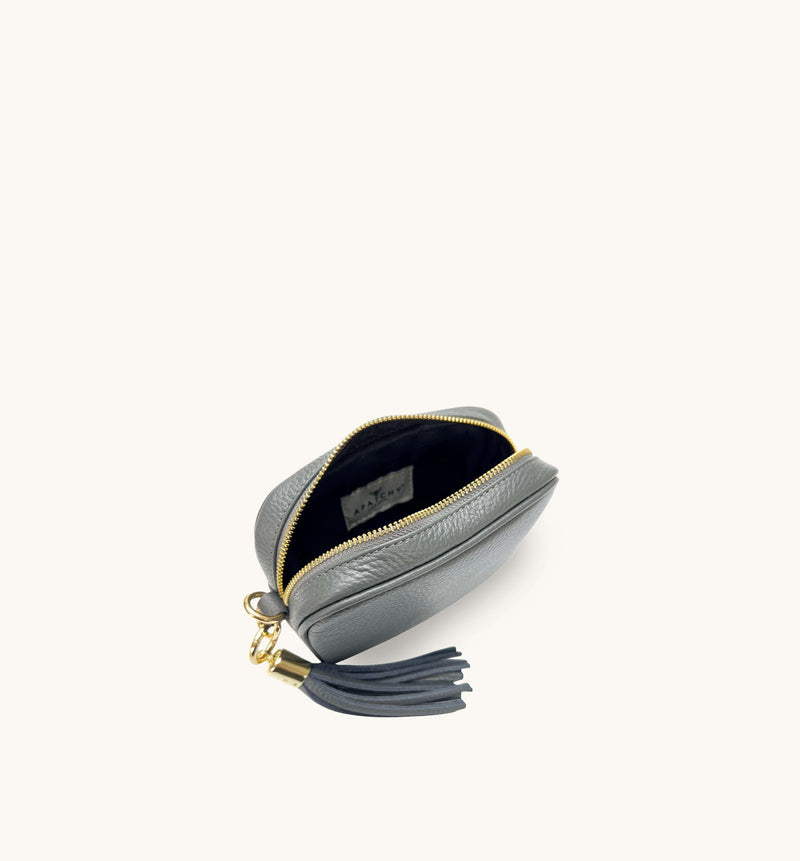 The Mini Tassel Dark Grey Leather Phone Bag With Midnight Zigzag Strap