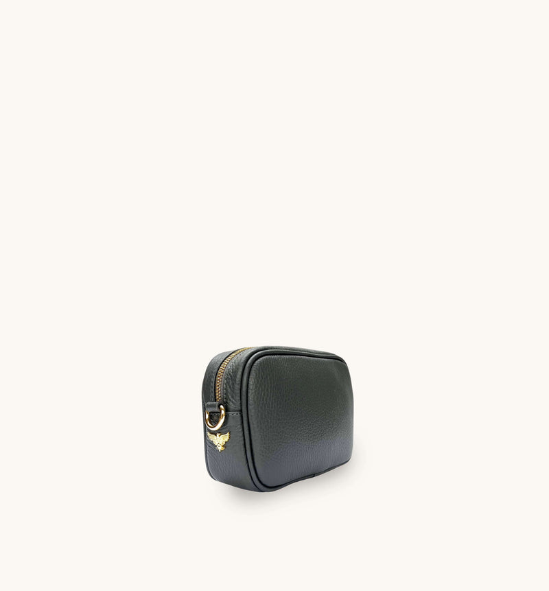 The Mini Tassel Dark Grey Leather Phone Bag With Tan Boho Strap