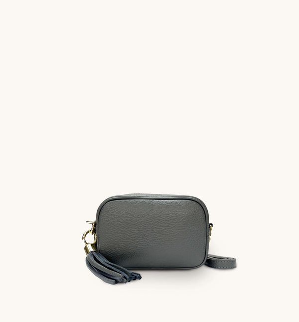 The Mini Tassel Dark Grey Leather Phone Bag With Grey Leopard Strap