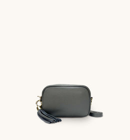 The Mini Tassel Dark Grey Leather Phone Bag With Gold Chain Strap