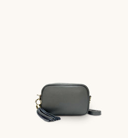 The Mini Tassel Dark Grey Leather Phone Bag With Midnight Zigzag Strap