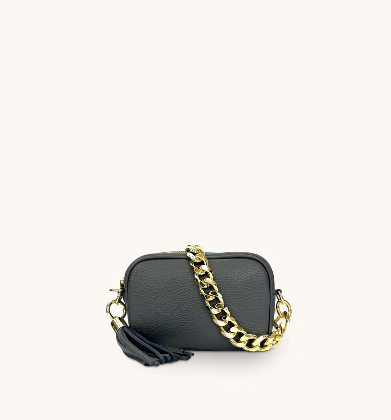 Apatchy Mini Dark Grey Leather Phone Bag With Gold Chain Strap