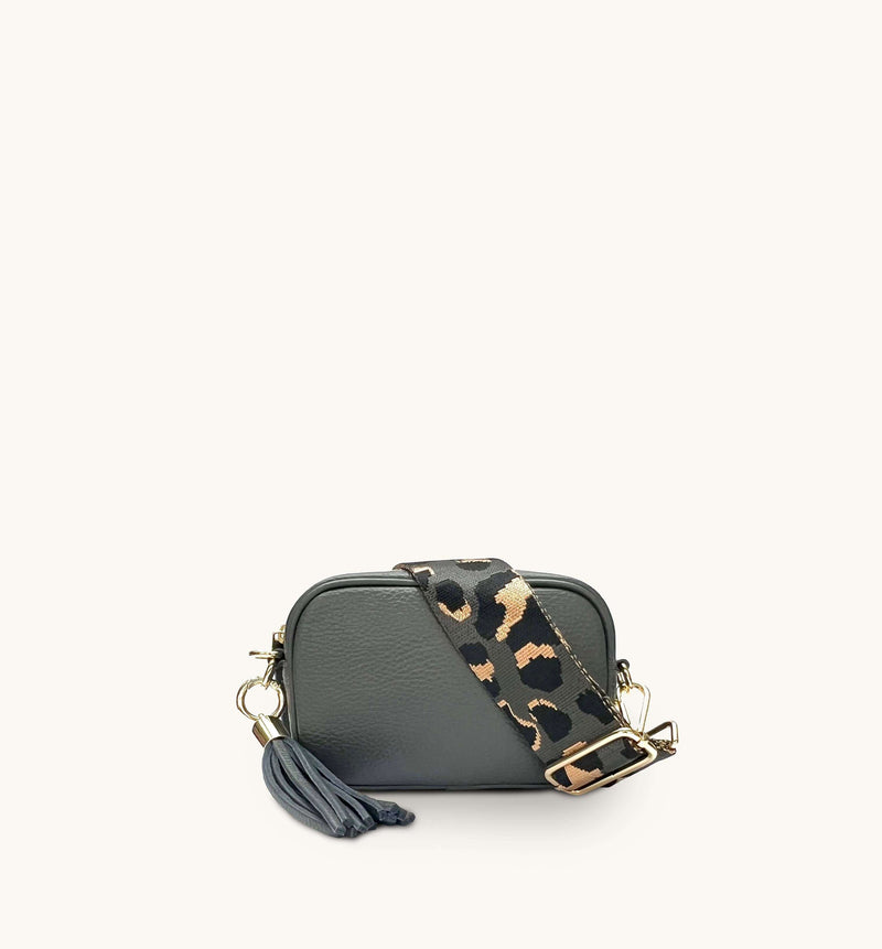 Apatchy Mini Dark Grey Leather Phone Bag With Grey Leopard Strap
