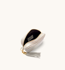 The Mini Tassel Light Grey Leather Phone Bag With Gold Chain Strap