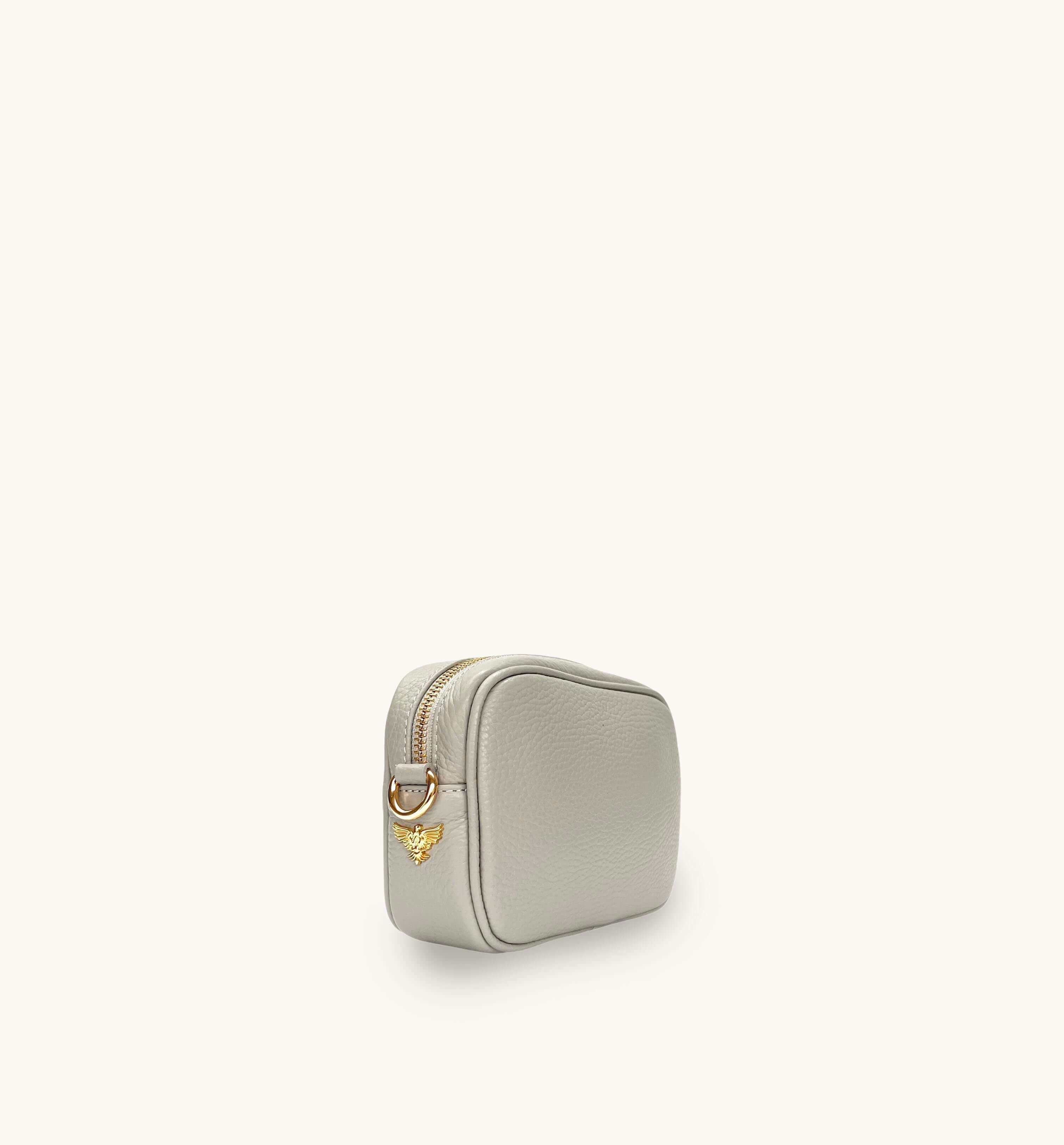 The Mini Tassel Light Grey Leather Phone Bag With Pistachio Cross-Stitch Strap