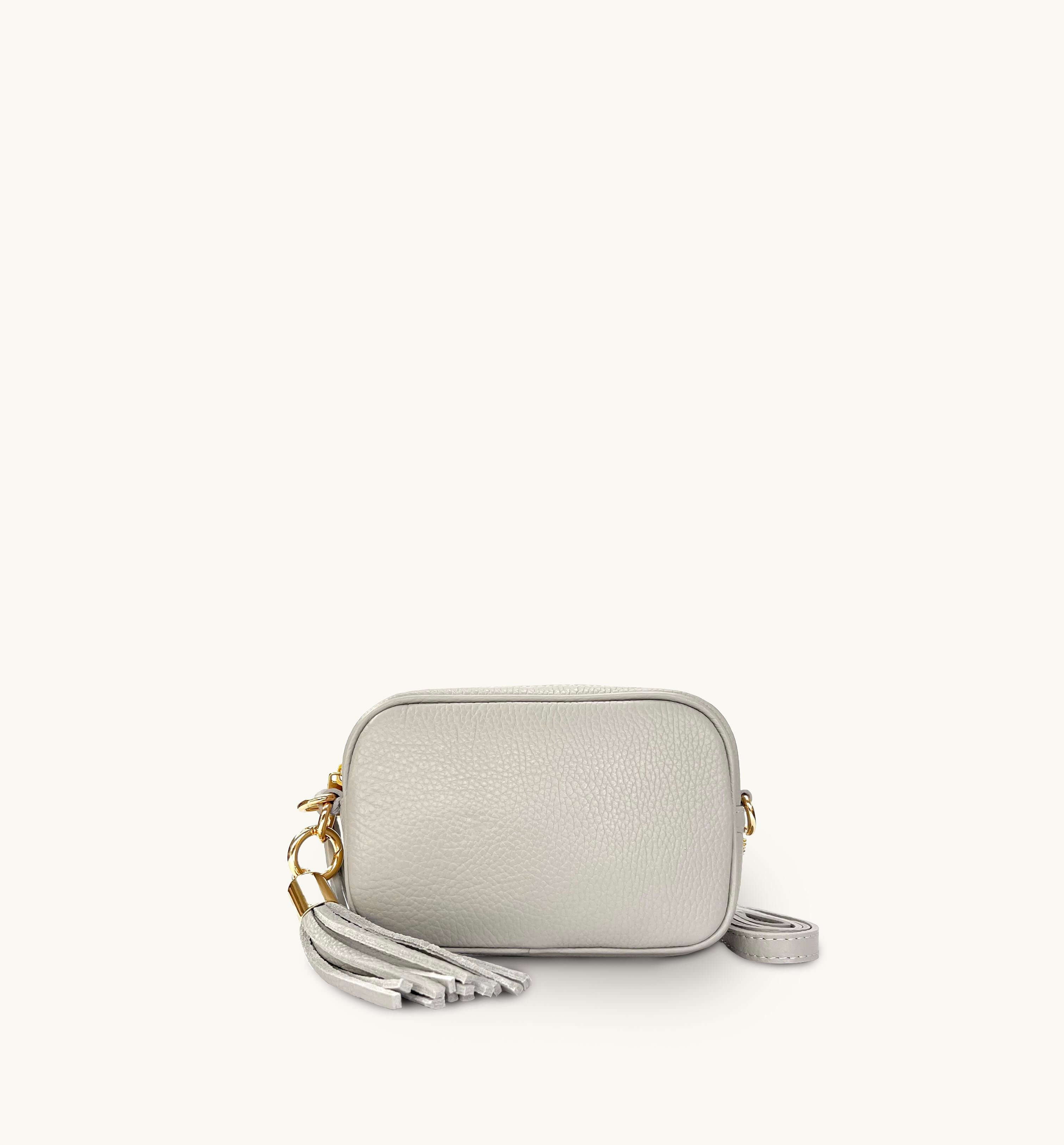 The Mini Tassel Light Grey Leather Phone Bag With Pistachio Cross-Stitch Strap