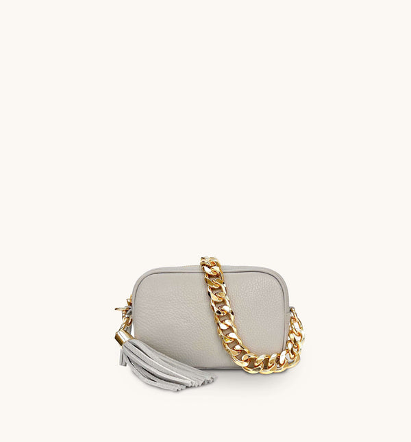 Apatchy Mini Light Grey Leather Phone Bag With Gold Chain Strap