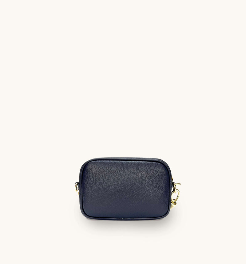 The Mini Tassel Navy Leather Phone Bag With Gold Chain Crossbody Strap
