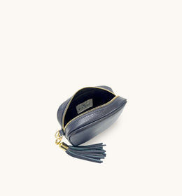 The Mini Tassel Navy Leather Phone Bag With Gold Chain Strap