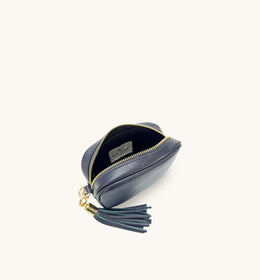 The Mini Tassel Navy Leather Phone Bag With Gold Chain Crossbody Strap