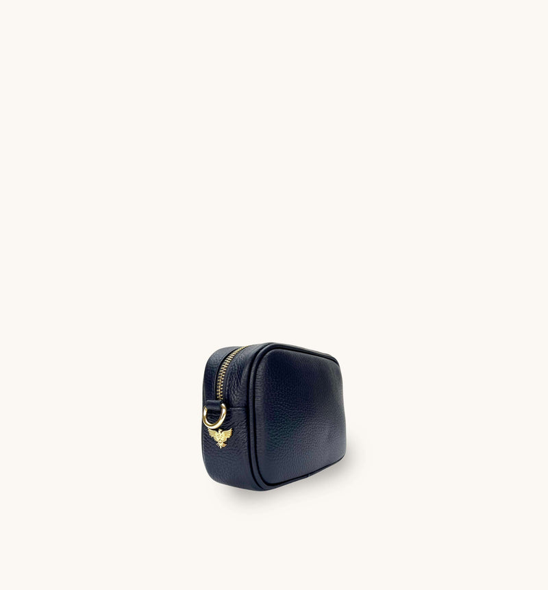 The Mini Tassel Navy Leather Phone Bag With Gold Chain Crossbody Strap