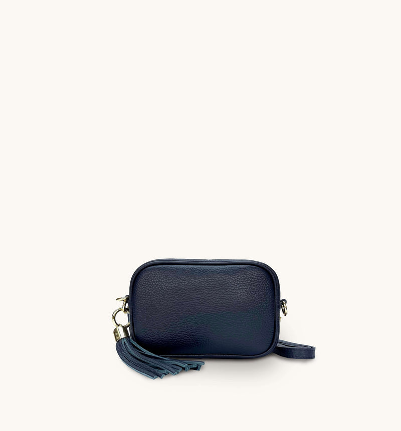 The Mini Tassel Navy Leather Phone Bag With Gold Chain Crossbody Strap