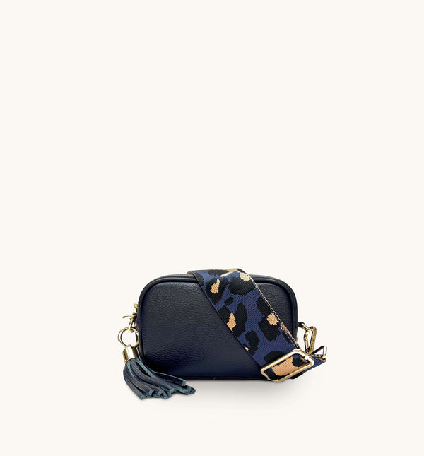 Apatchy Mini Navy Leather Phone Bag With Navy Leopard Strap