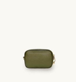 The Mini Tassel Olive Green Leather Phone Bag With Orange & Gold Stripe Camo Strap