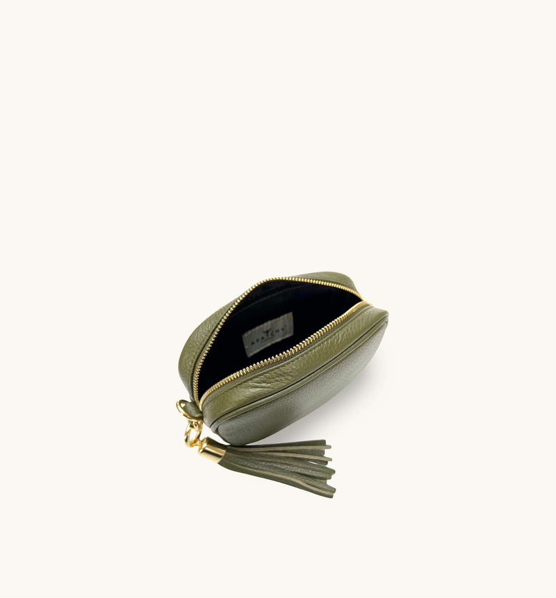 The Mini Tassel Olive Green Leather Phone Bag With Gold Chain Strap
