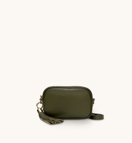 The Mini Tassel Olive Green Leather Phone Bag With Gold Chain Strap
