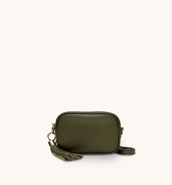 The Mini Tassel Olive Green Leather Phone Bag With Port & Olive Diamond Strap