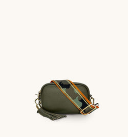 The Mini Tassel Olive Green Leather Phone Bag With Orange & Gold Stripe Camo Strap