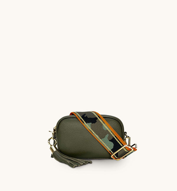 Apatchy Mini Olive Green Leather Phone Bag With Orange & Gold Stripe Camo Strap