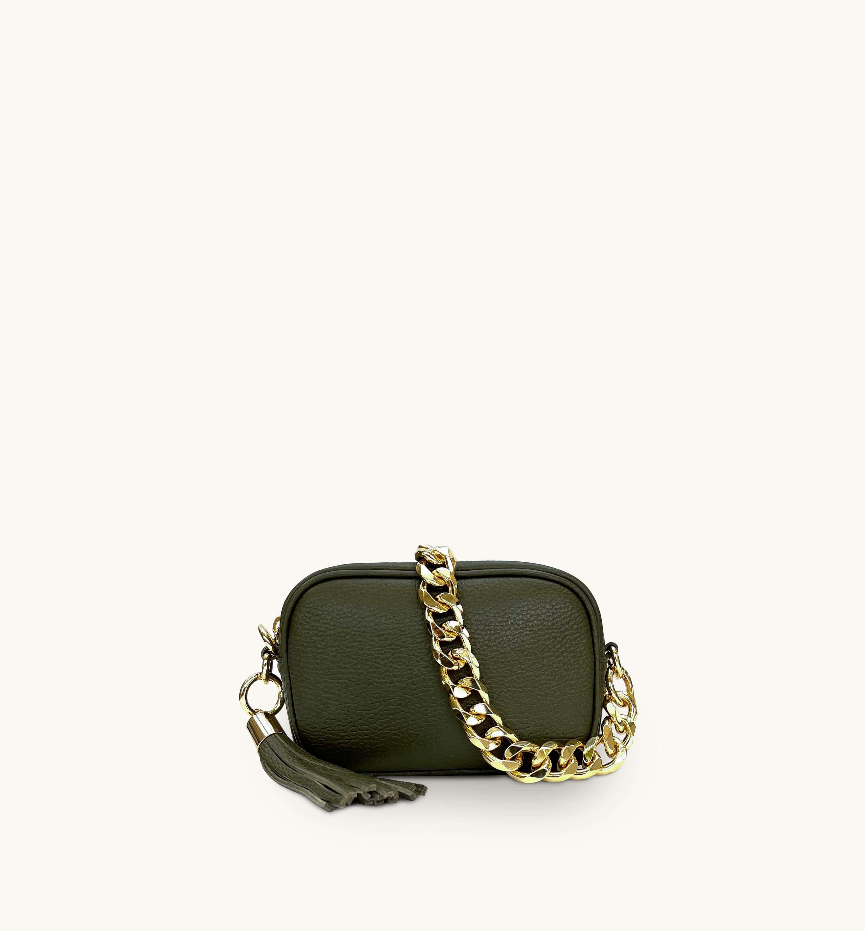 Apatchy Mini Olive Green Leather Phone Bag With Gold Chain Strap
