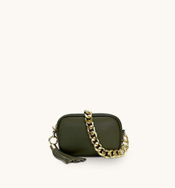 The Mini Tassel Olive Green Leather Phone Bag With Gold Chain Strap