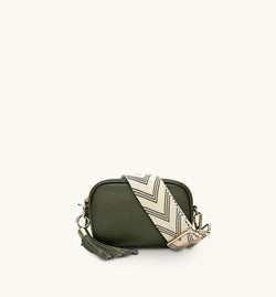 The Mini Tassel Olive Green Leather Phone Bag With Olive Green Arrow Strap