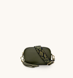 The Mini Tassel Olive Green Leather Phone Bag With Olive Green Cheetah Strap