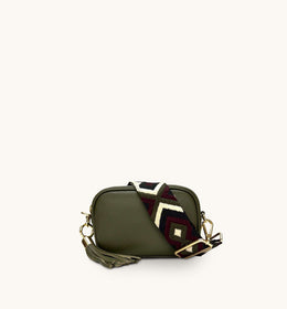 Apatchy Mini Olive Green Leather Phone Bag With Port & Olive Diamond Strap